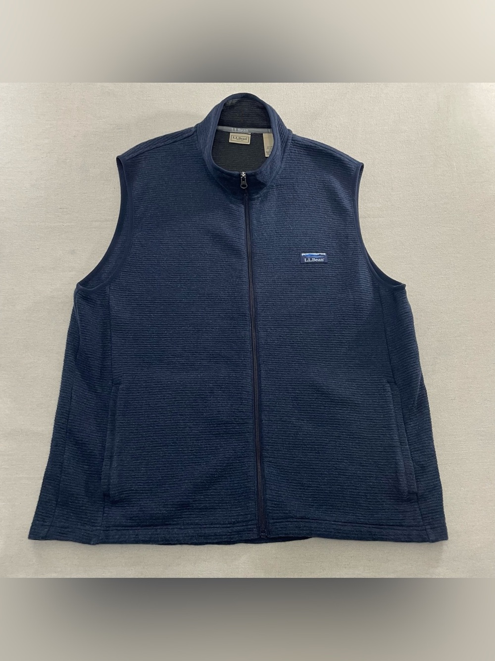 LL Bean Vest Mens Size L Navy Blue Lakewashed Double Knit Ribbed Full Zip 52164